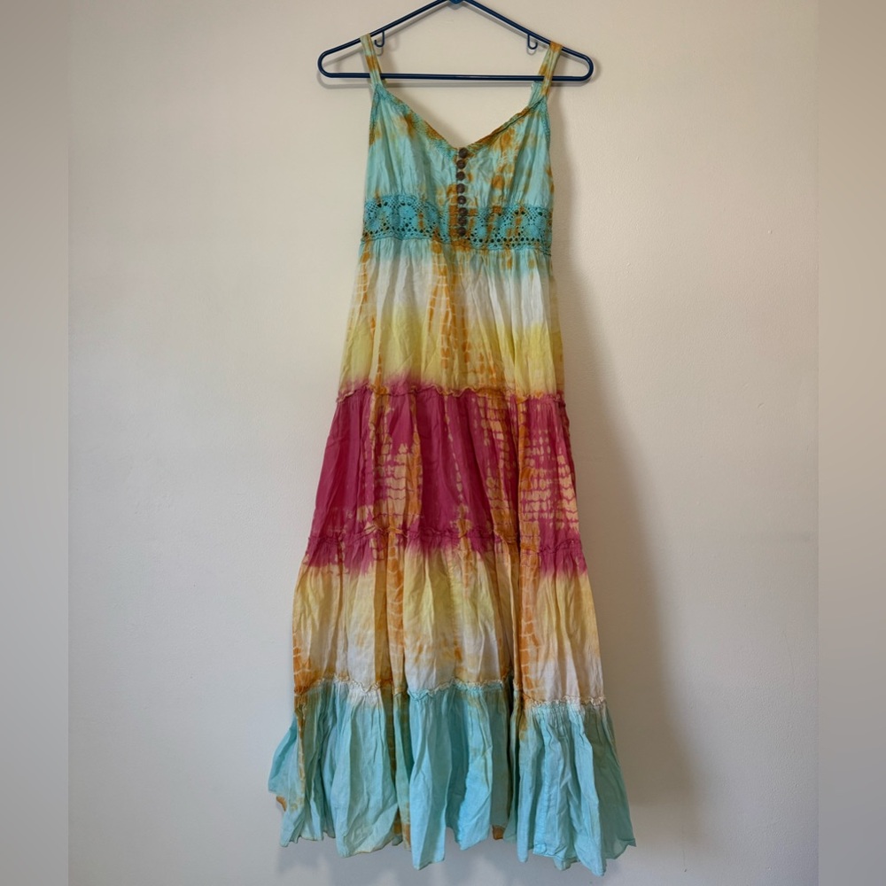 Vasna Desire Cotton Tiered Maxi Rainbow Tie Dye Sleeveless Summer Dress | Size M